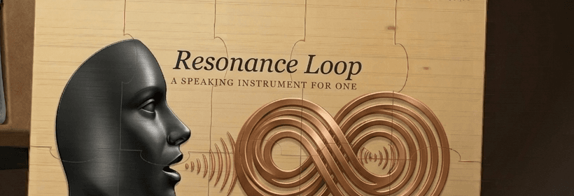 Resonance Loop · the speaker artifact: a bronze head profile, sound waves, and a copper lemniscate